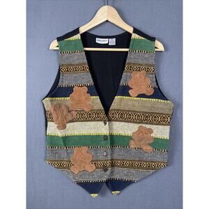 VTG Jane Ashley Vest Womens M Woven Bears Faux Suede Patchwork Western Brown